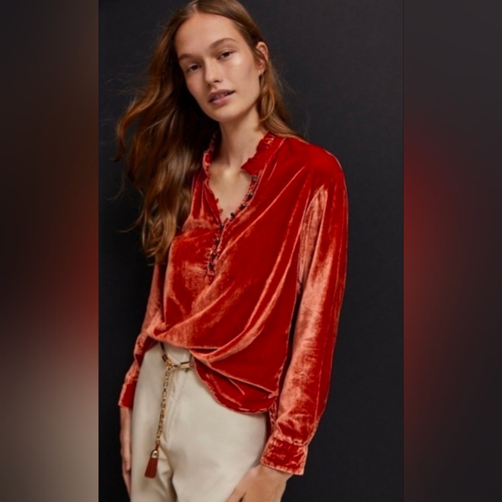 Anthropologie Burnt Orange Velvet Long Sleeve Blouse